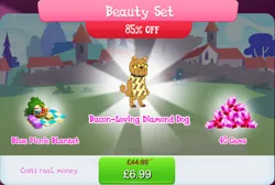 Size: 1274x857 | Tagged: safe, derpibooru import, idw, official, unnamed character, diamond dog, apple, bacon, basket, blouse, brown fur, bundle, bush, choker, collar, costs real money, dog collar, english, female, female diamond dog, food, gameloft, gem, idw showified, image, jar, jpeg, meat, numbers, pattern, picnic, picnic basket, picnic blanket, sale, sandwich, solo, solo focus, text, yellow eyes