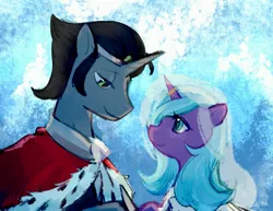 Size: 3300x2550 | Tagged: safe, artist:tabithaqu, derpibooru import, idw, king sombra, radiant hope, pony, unicorn, abstract background, duo, duo male and female, female, height difference, high res, hopebra, image, jpeg, looking at each other, looking at someone, male, mare, reformed sombra, shipping, stallion, straight