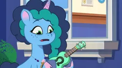 Size: 2220x1248 | Tagged: safe, derpibooru import, screencap, misty, pony, unicorn, my little pony: tell your tale, spoiler:g5, spoiler:my little pony: tell your tale, spoiler:tyts01e29, dragon dad, female, g5, guitar, image, jpeg, mare, musical instrument, open mouth, solo, ukulele, youtube link