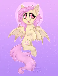 Size: 1000x1300 | Tagged: safe, artist:fanaticpanda, derpibooru import, fluttershy, bat pony, pony, bat ponified, cute, fangs, female, flutterbat, gradient background, image, mare, open mouth, open smile, png, race swap, shyabates, shyabetes, smiling, solo, sparkles, wingding eyes