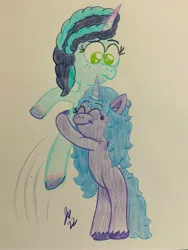 Size: 3024x4032 | Tagged: safe, artist:jesslmc16, derpibooru import, izzy moonbow, unicorn, g5, my little pony: make your mark, spoiler:g5, spoiler:my little pony: make your mark, art, colored pencil drawing, drawing, hug, image, jpeg, misty brightdawn, smiling, standing, traditional art, woman