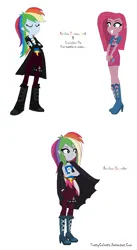 Size: 672x1226 | Tagged: safe, artist:prettycelestia, pinkie pie, rainbow dash, oc, oc:rainbow cupcake, boots, cape, clothes, dagger, high heel boots, image, pinkamena diane pie, png, rainbow factory dash, shoes, weapon, wet hair