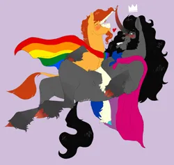 Size: 1598x1513 | Tagged: safe, artist:d3pressedr4inbow, derpibooru import, king sombra, sunburst, classical unicorn, pony, unicorn, blushing, bridal carry, cape, carrying, clothes, cloven hooves, duo, duo female, female, floating heart, gay, heart, image, leonine tail, male, png, pride flag, purple background, shipping, simple background, solo, somburst, stallion, unshorn fetlocks