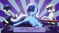 Size: 2400x1349 | Tagged: safe, artist:mrscroup, derpibooru import, minuette, oc, oc:pegasys, pegasus, pony, unicorn, bass guitar, crossed hooves, female, image, keyboard, looking at you, lying down, mare, musical instrument, png, prone, song cover