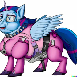 Size: 1024x1024 | Tagged: safe, dall-e 2, derpibooru import, machine learning generated, twilight sparkle, alicorn, pony, abomination, collar, happy, image, machine learning abomination, png, solo