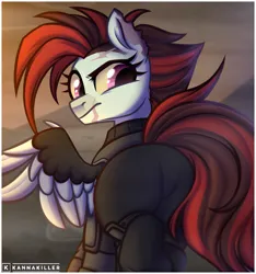 Size: 3217x3444 | Tagged: safe, artist:kannakiller, derpibooru import, oc, oc:appreciating freedom, pegasus, pony, fallout equestria, clothes, digital art, eyelashes, female, gift art, half body, image, le lenny face, looking at you, mare, pegasus oc, png, scar, sketch, solo, tail, wings