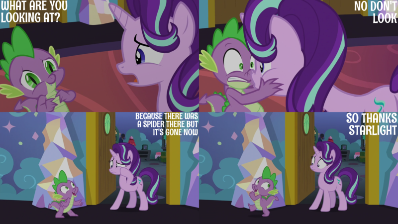 Size: 4400x2475 | Tagged: safe, derpibooru import, edit, edited screencap, editor:quoterific, screencap, spike, starlight glimmer, celestial advice, image, png