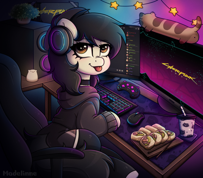 Size: 2600x2284 | Tagged: safe, artist:madelinne, derpibooru import, oc, oc:mod pone the mod, unofficial characters only, earth pony, pony, :p, chair, commission, computer, cup, drink, female, food, gamer, gamer girl, gaming chair, gaming headset, headphones, headset, image, keyboard, lights, looking at you, mare, neon, office chair, pc, playing, plushie, png, room, sitting, solo, sushi, tongue out
