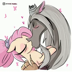 Size: 3000x3000 | Tagged: safe, artist:naquelinedelch2, derpibooru import, discord, fluttershy, butterfly, draconequus, insect, pegasus, g5, spoiler:g5comic, blushing, broken horn, discoshy, eyes closed, female, flower, flower in hair, horn, image, instagram, jpeg, kissing, male, old man discord, older, older fluttershy, shipping, straight
