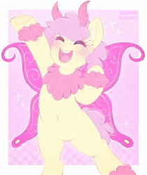 Size: 1640x1950 | Tagged: safe, artist:adostume, derpibooru import, oc, oc:light violet, unofficial characters only, insect, moth, mothpony, original species, belly button, bipedal, blushing, chest fluff, commissioner:luxorianin, cute, eyes closed, freckles, hoof fluff, image, jpeg, ocbetes, smiling, solo, underhoof