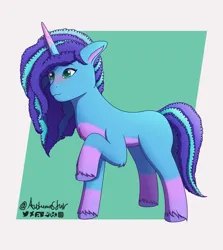 Size: 1625x1823 | Tagged: safe, artist:autumnsfur, derpibooru import, pony, unicorn, g5, my little pony: make your mark, blue coat, blue mane, blushing, chest fluff, curly hair, curly tail, female, fluffy, freckles, full body, gradient hooves, hooves, icon, image, mare, missing cutie mark, misty brightdawn, multicolored hair, no cutie marks yet, png, shy, signature, simple background, solo, tail, unshorn fetlocks