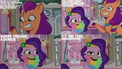 Size: 4400x2475 | Tagged: safe, derpibooru import, edit, edited screencap, editor:quoterific, screencap, pipp petals, sunny starscout, my little pony: tell your tale, spoiler:g5, spoiler:my little pony: tell your tale, spoiler:tyts01e28, beard, facial hair, g5, image, pippsqueaks forever, png