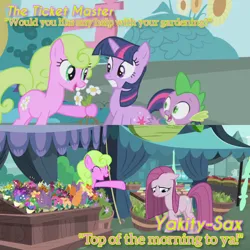 Size: 1920x1920 | Tagged: safe, derpibooru import, edit, edited screencap, editor:itsmgh1203, screencap, daisy, flower wishes, pinkie pie, spike, twilight sparkle, dragon, earth pony, pony, unicorn, season 1, season 8, the ticket master, yakity-sax, spoiler:s08, ^^, eyes closed, female, floppy ears, flower, image, jpeg, male, mare, open mouth, open smile, pinkamena diane pie, smiling, text, unicorn twilight