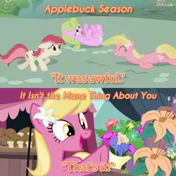 Size: 1920x1920 | Tagged: safe, derpibooru import, edit, edited screencap, editor:itsmgh1203, screencap, daisy, flower wishes, lily, lily valley, roseluck, earth pony, pony, applebuck season, it isn't the mane thing about you, season 1, season 7, eyes closed, female, floppy ears, flower, flower trio, image, jpeg, mare, open mouth, open smile, smiling, text, trio, trio female
