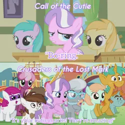 Size: 1920x1920 | Tagged: safe, derpibooru import, edit, edited screencap, editor:itsmgh1203, screencap, cheerilee, diamond tiara, pipsqueak, silver spoon, snails, snips, earth pony, pony, unicorn, call of the cutie, crusaders of the lost mark, season 1, season 5, colt, female, filly, foal, image, jpeg, male, mare, open mouth, open smile, smiling, text