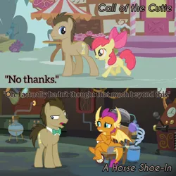 Size: 1920x1920 | Tagged: safe, derpibooru import, edit, edited screencap, editor:itsmgh1203, screencap, apple bloom, doctor whooves, smolder, time turner, dragon, earth pony, pony, a horse shoe-in, call of the cutie, season 1, season 9, spoiler:s09, apple bloom's bow, bow, crossed arms, dragoness, female, hair bow, image, jpeg, male, open mouth, open smile, smiling, stallion, sugarcube corner, text