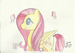 Size: 7014x4962 | Tagged: safe, artist:juliana emy, derpibooru import, fluttershy, butterfly, insect, pegasus, pony, absurd resolution, cute, derpibooru exclusive, happy, heart, heart eyes, image, png, shyabetes, simple background, solo, traditional art, white background, wingding eyes