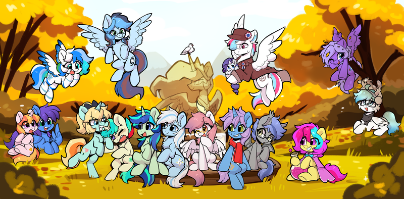 Size: 4740x2336 | Tagged: safe, artist:colorfulcolor233, derpibooru import, oc, oc:cuihua, oc:ladetaw, oc:nova twinkle, oc:芳棠, bird, pigeon, cute, fimtale, fountain, image, png