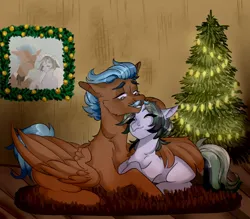 Size: 1600x1400 | Tagged: safe, anonymous artist, derpibooru import, oc, oc:dusty soil, oc:flint (oda 997), unofficial characters only, earth pony, pegasus, christmas, christmas lights, christmas tree, clothes, cute, duo, duo male and female, earth pony oc, eyes closed, female, happy, holiday, hug, image, jpeg, lidded eyes, male, marriage, married couple, oc x oc, one eye closed, pegasus oc, rug, shipping, straight, tree, winghug, wings, wink