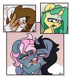 Size: 1872x2032 | Tagged: safe, artist:lou, derpibooru import, oc, oc:dusty star major, oc:juicy dream, oc:peach fuzz, oc:trent, earth pony, pegasus, pony, unicorn, earth pony oc, female, horn, image, jpeg, kissing, making out, male, mare, pegasus oc, unicorn oc, wings