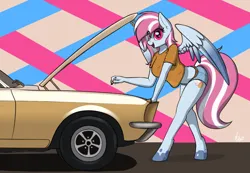 Size: 2000x1387 | Tagged: suggestive, artist:ponynamedmixtape, derpibooru import, oc, oc:evening skies, anthro, pegasus, unguligrade anthro, car, clothes, denim shorts, female, ford mustang, image, looking at you, loose fitting clothes, midriff, mustang, png, shorts, simple background, solo, solo female
