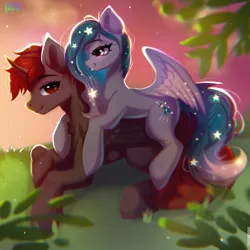 Size: 2000x2000 | Tagged: safe, artist:pie, derpibooru import, oc, oc:hardy, oc:star universe, alicorn, pegasus, pony, female, hug, image, male, png, ponies riding ponies, riding, straight, sunset