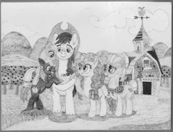 Size: 5782x4397 | Tagged: safe, alternate version, artist:malte279, derpibooru import, apple bloom, applejack, big macintosh, bright mac, granny smith, pear butter, apple family, barn, clothes, craft, family, granny smith's shawl, grayscale, image, jpeg, monochrome, orchard, pyrography, scarf, sweet apple acres, traditional art