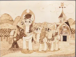 Size: 1920x1449 | Tagged: safe, artist:malte279, derpibooru import, apple bloom, applejack, big macintosh, bright mac, granny smith, pear butter, apple family, barn, clothes, craft, family, granny smith's shawl, image, jpeg, orchard, pyrography, scarf, sweet apple acres, traditional art