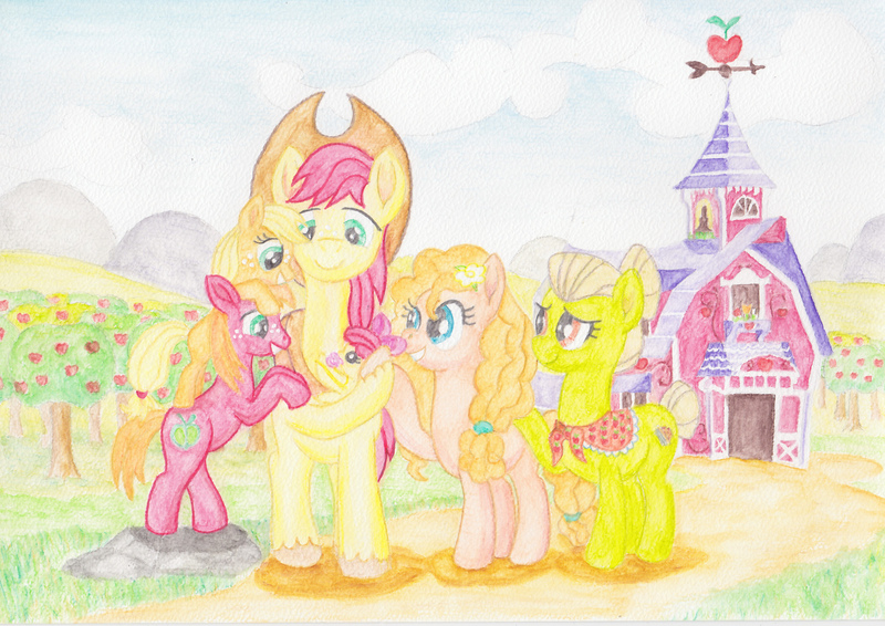 Size: 3440x2432 | Tagged: safe, artist:malte279, derpibooru import, apple bloom, applejack, big macintosh, bright mac, granny smith, pear butter, apple family, aquarelle, barn, clothes, family, granny smith's shawl, image, jpeg, orchard, scarf, sweet apple acres, traditional art, watercolor painting