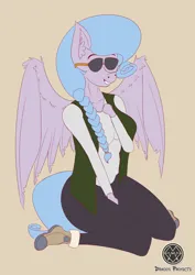 Size: 2896x4096 | Tagged: safe, artist:draconightmarenight, derpibooru import, oc, oc:sapphire crystal, anthro, anthro oc, colored sketch, image, jpeg, monthly reward, outfit, sunglasses, wings
