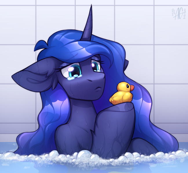 Size: 2192x2026 | Tagged: safe, artist:argigen, derpibooru import, princess luna, pony, amogus, amogus eyes, among us, anus, bath, bathroom, female, image, mare, meme, nudity, png, rubber duck, sad, simplistic anus, solo