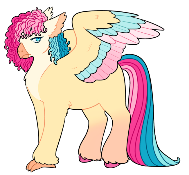 Size: 1280x1180 | Tagged: safe, artist:s0ftserve, derpibooru import, oc, oc:hibiscus flower, hippogriff, hybrid, colored wings, female, image, interspecies offspring, next generation, offspring, parent:pinkie pie, parent:princess skystar, parents:skypie, png, simple background, solo, transparent background, two toned wings, wings