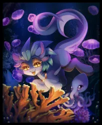 Size: 1280x1566 | Tagged: safe, artist:astralblues, derpibooru import, oc, unofficial characters only, hybrid, merpony, octopus, original species, pony, shark, shark pony, bubble, coral, digital art, eyeshadow, fangs, fish tail, gills, glow, image, jpeg, makeup, ocean, open mouth, smiling, solo, sparkles, swimming, tail, teeth, underwater, water, yellow eyes