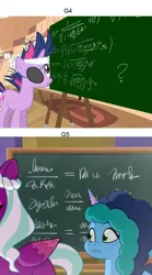 Size: 797x1430 | Tagged: safe, derpibooru import, screencap, opaline, twilight sparkle, alicorn, pony, unicorn, g5, it's about time, my little pony: make your mark, my little pony: tell your tale, spoiler:g5, spoiler:my little pony: make your mark, spoiler:tyts01e29, alternate hairstyle, chalkboard, cropped, cursive writing, duo, duo female, eyepatch, fancy mathematics, female, future twilight, g4, golden oaks library, image, integral, jpeg, library, mare, math, messy mane, misty brightdawn, opaline's dark castle, open mouth, physics, solo, special relativity, time dilation, unicorn twilight