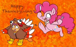 Size: 1003x626 | Tagged: safe, artist:therainbowtroll, derpibooru import, pinkie pie, scootaloo, earth pony, pegasus, pony, bib, bipedal, cute, cutealoo, diapinkes, fork, funny, holiday, hoof hold, hungry, image, implied ponies eating meat, jpeg, knife, meat, running, scootachicken, silly, thanksgiving, turkey costume, zipper