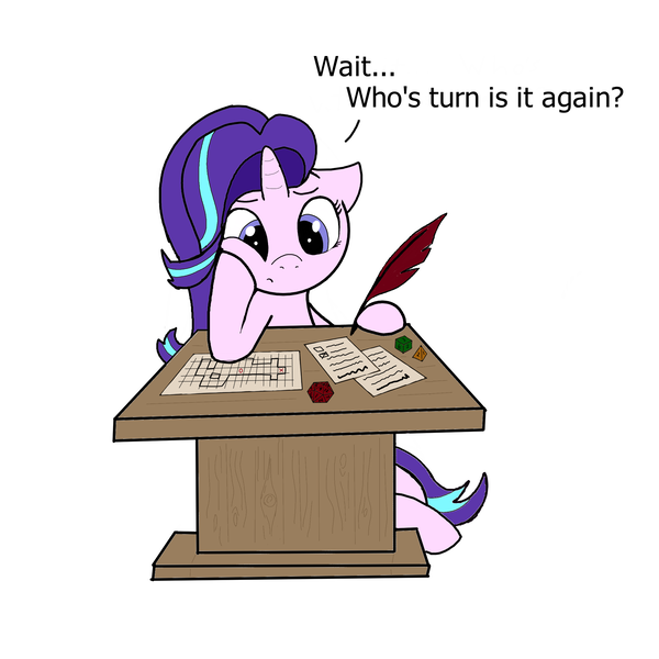 Size: 2380x2379 | Tagged: safe, artist:sprontr, derpibooru import, starlight glimmer, pony, unicorn, d20, dungeons and dragons, female, grammar error, image, pen and paper rpg, png, quill pen, rpg, simple background, solo, table, white background