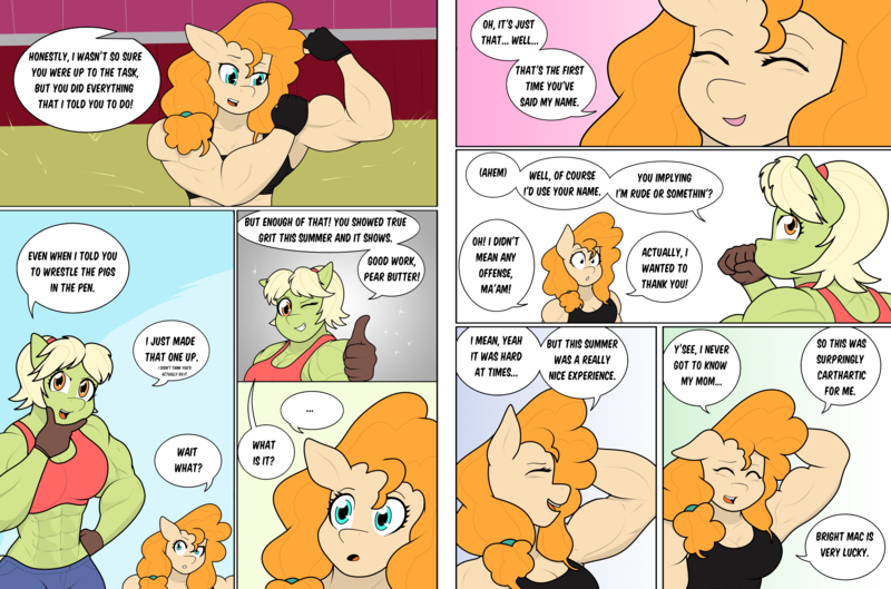 Size: 3931x2599 | Tagged: safe, artist:matchstickman, derpibooru import, granny smith, pear butter, anthro, pony, comic:the other side, abs, biceps, comic, female, flexing, image, mare, muscles, png, teenager, young granny smith, younger
