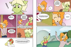 Size: 3931x2599 | Tagged: safe, artist:matchstickman, derpibooru import, bright mac, granny smith, pear butter, anthro, pony, comic:the other side, abs, clothes, comic, female, image, male, mare, muscles, png, sweater, teenager, young granny smith, younger