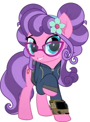 Size: 5253x7086 | Tagged: safe, artist:ponygamer2020, derpibooru import, petunia petals, earth pony, pony, fallout equestria, rainbow roadtrip, clothes, cute, fallout, female, flower, flower in hair, glasses, image, jumpsuit, looking at you, mare, pipboy, png, raised hoof, simple background, smiling, smiling at you, transparent background, vault suit, vector