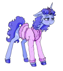 Size: 1233x1389 | Tagged: safe, artist:paskanaakka, derpibooru import, oc, oc:midnight dew, unofficial characters only, pony, unicorn, bathrobe, blushing, clothes, colored hooves, derpibooru exclusive, ear fluff, female, image, lidded eyes, mare, png, robe, simple background, solo, transparent background, unshorn fetlocks