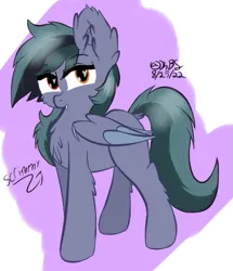 Size: 445x517 | Tagged: safe, artist:kbstarflower, derpibooru import, oc, oc:scrimmy, unofficial characters only, bat pony, pony, bat pony oc, bat wings, chest fluff, commission, ear fluff, fangs, folded wings, heterochromia, image, looking at you, male, png, pony oc, simple background, solo, solo male, text, wings, ych result