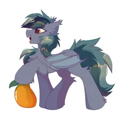 Size: 2000x2000 | Tagged: safe, artist:mirtash, derpibooru import, oc, oc:scrimmy, unofficial characters only, bat pony, pony, bat pony oc, bat wings, chest fluff, ear fluff, fangs, fluffy, folded wings, food, image, leg fluff, male, mango, open mouth, png, pony oc, simple background, smiling, solo, solo male, white background, wings