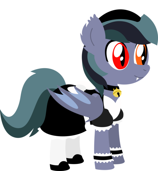 Size: 3000x3255 | Tagged: safe, artist:phantomthorns, derpibooru import, oc, oc:scrimmy, unofficial characters only, bat pony, pony, bat pony oc, bat wings, bell, clothes, ear fluff, fangs, folded wings, gift art, heterochromia, high res, image, maid, male, png, pony oc, shoes, simple background, solo, solo male, standing, transparent background, wings, wrist cuffs