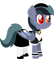 Size: 3000x3255 | Tagged: safe, artist:phantomthorns, derpibooru import, oc, oc:scrimmy, unofficial characters only, bat pony, pony, bat pony oc, bat wings, bell, clothes, ear fluff, fangs, folded wings, gift art, heterochromia, high res, image, maid, male, png, pony oc, shoes, simple background, solo, solo male, standing, transparent background, wings, wrist cuffs