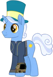 Size: 4642x6721 | Tagged: safe, artist:ponygamer2020, derpibooru import, sunny skies, pony, unicorn, fallout equestria, rainbow roadtrip, absurd resolution, clothes, fallout, freckles, hat, image, jumpsuit, male, mayor, pipboy, png, simple background, smiling, solo, stallion, top hat, transparent background, vault suit, vector