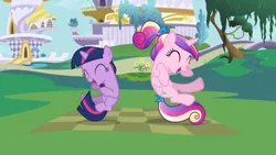 Size: 3410x1920 | Tagged: safe, derpibooru import, screencap, princess cadance, twilight sparkle, alicorn, pony, unicorn, a canterlot wedding, season 2, ^^, duo, duo female, eyes closed, female, filly, filly cadance, filly twilight sparkle, high res, image, jpeg, open mouth, open smile, smiling, unicorn twilight, younger