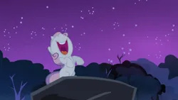 Size: 3410x1920 | Tagged: safe, derpibooru import, screencap, sweetie belle, pony, unicorn, season 3, sleepless in ponyville, female, filly, foal, high res, image, jpeg, looking up, night, nose in the air, open mouth, open smile, smiling, solo, volumetric mouth