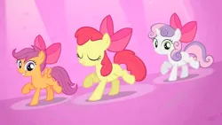 Size: 3410x1920 | Tagged: safe, derpibooru import, screencap, apple bloom, scootaloo, sweetie belle, earth pony, pegasus, pony, unicorn, season 4, somepony to watch over me, apple bloom's bow, bow, cutie mark crusaders, eyes closed, female, filly, foal, hair bow, high res, image, jpeg, smiling, spread wings, trio, trio female, wings