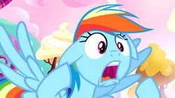 Size: 3410x1920 | Tagged: safe, derpibooru import, screencap, rainbow dash, pegasus, pony, do princesses dream of magic sheep, season 5, female, floppy ears, flying, high res, image, jpeg, mare, open mouth, solo, spread wings, wings