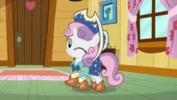 Size: 3410x1920 | Tagged: safe, derpibooru import, screencap, sweetie belle, pony, unicorn, on your marks, season 6, boots, clothes, clubhouse, cowboy boots, cowboy hat, crusaders clubhouse, cute, diasweetes, female, filly, foal, hat, high res, image, jpeg, looking at you, one eye closed, shoes, smiling, smiling at you, solo, wink, winking at you